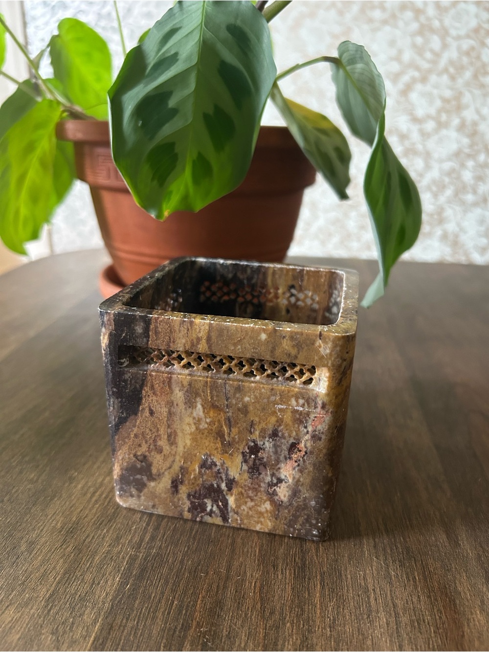 Vintage Carved Stone Trinket Box With Decorative Lattice Rim